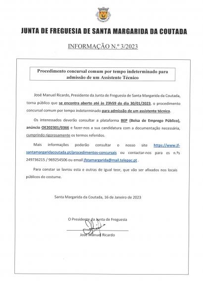 Procedimento concursal - assistente técnico por tempo indeterminado