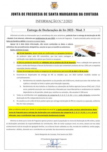 Entrega de Declarações de IRS do ano 2022 - Informação