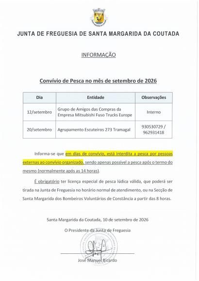 INFORMA&Ccedil;&Atilde;O  Conv&iacute;vio de Pesca no m&ecirc;s de setembro de 2026.