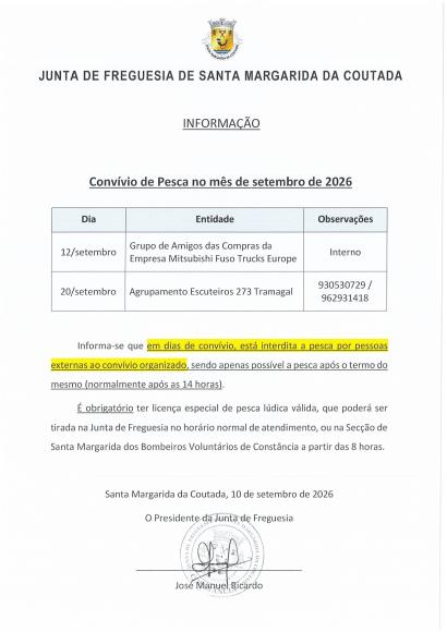 INFORMA&Ccedil;&Atilde;O  Conv&iacute;vio de Pesca no m&ecirc;s de setembro de 2026.