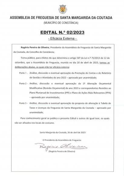 Assembleia de Freguesia - Sess&atilde;o ordin&aacute;ria de 20/abril/2023 - efic&aacute;cia externa